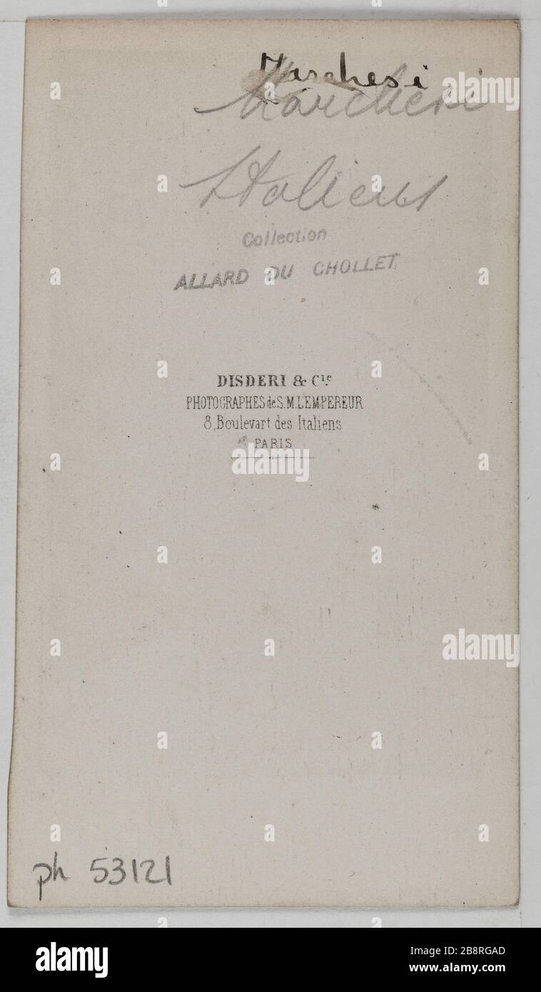 Ritratto di Barbara Marchisio (cantante d'opera) Ritratto di Barbara Marchisio, canteuse lyrique. Carte de visite (verso). Photographie de Dideri & Cie Tirage sur papier albuminé. 1860-1890. Parigi, musée Carnavalet. Foto Stock