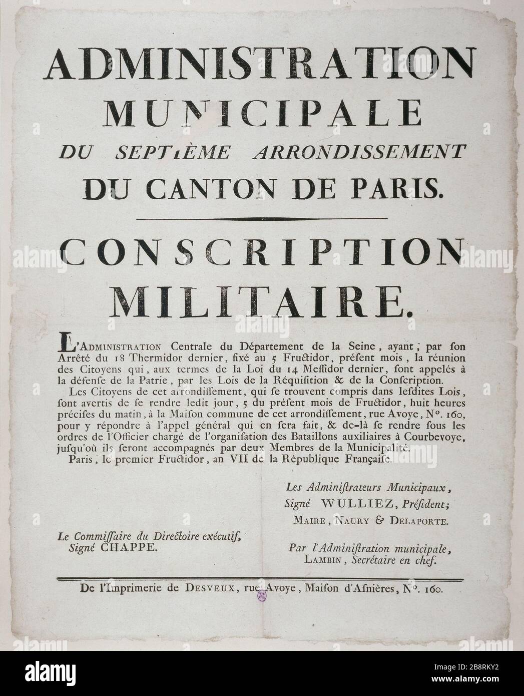 AUTORITÀ MUNICIPALE DEL TOWNSHIP DEL settimo arrondissement DI PARIGI; CONSCRIPTION MILITARE 'Administration Municipale du VIIème circondario du canton de Paris ; Conscription militaire'. Parigi, musée Carnavalet. Foto Stock