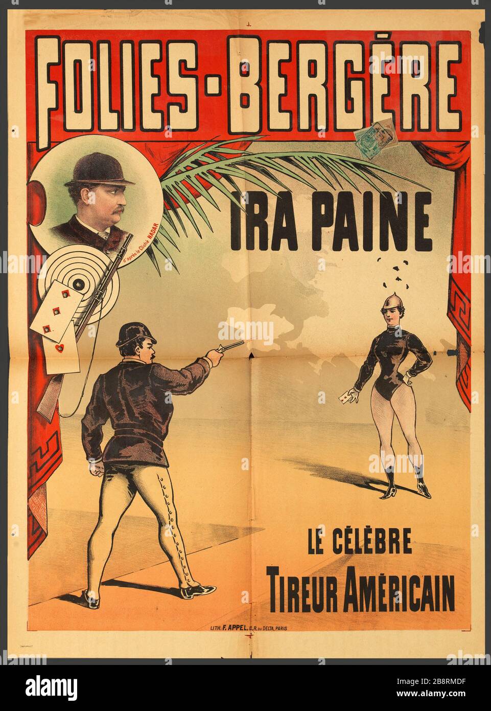 Folies-Bergere, IRA PAINE IL FAMOSO ANONYME SNIPER AMERICANO. 'FOLIES-BERGERE, IRA PAINE LE CELEBRE TIREUR AMERICAIN'. Lithographie couleur. En1889 et 1900. Parigi, musée Carnavalet. Foto Stock