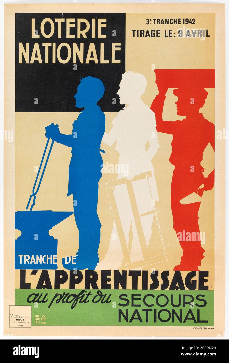LOTTERIA NAZIONALE, 3E SLICE 1942 DATA DI ESTRAZIONE: Aprile 9, TRANCHE DI APPRENDIMENTO a favore DELL'EMERGENZA NAZIONALE Rapeno, Armand. "LOTERIE NATIONALE, 3E TRANCHE 1942, TIRAGE LE: 9 AVRIL, TRANCHE DE L'APPRENTISSAGE AU PROFIT DU SECOURS NATIONAL". Lithographie couleur. En1942-1942. Parigi, musée Carnavalet. Foto Stock