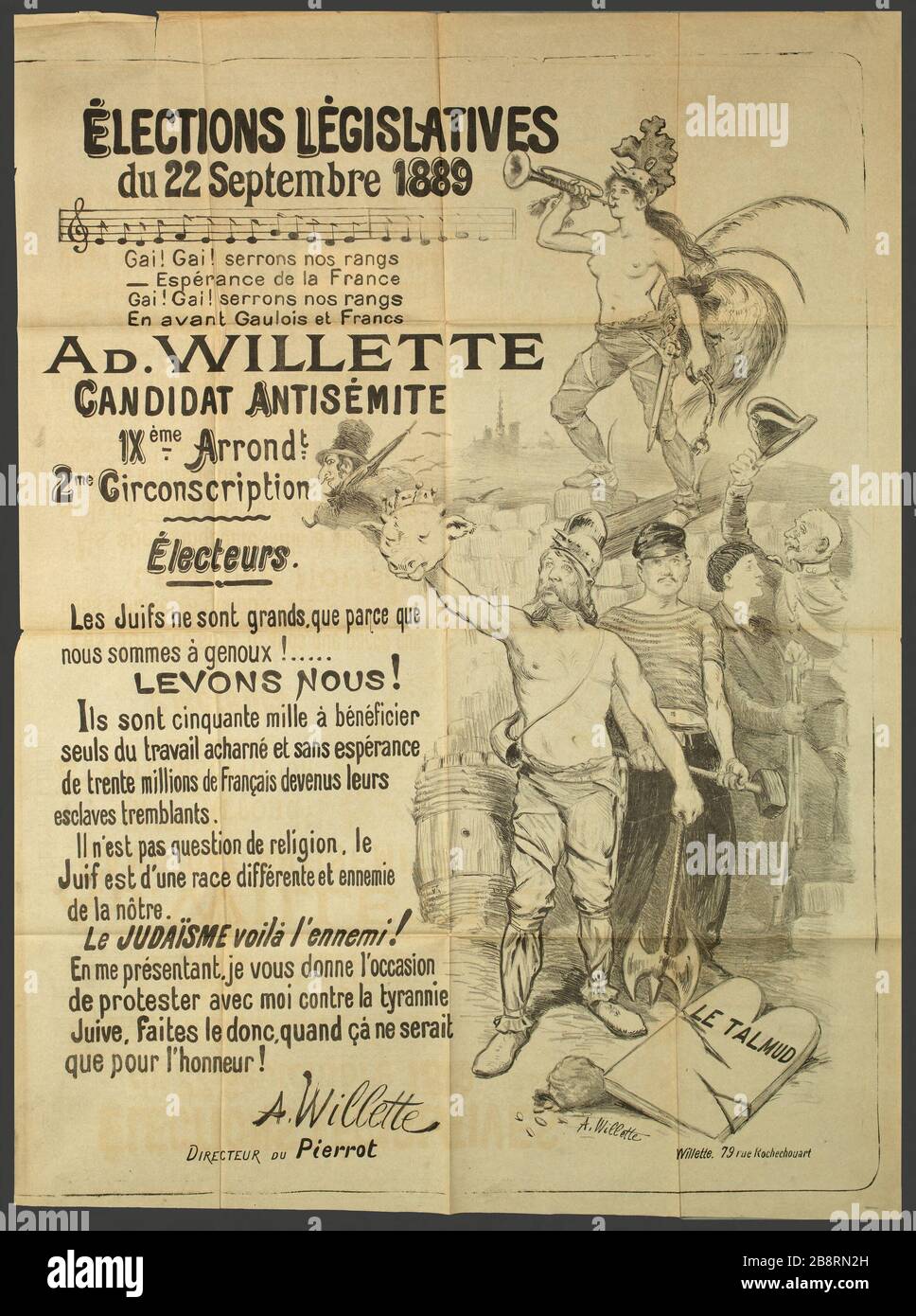 ELEZIONI, 22 settembre 1889 gay! Allegro! Agitare le nostre fila - speranza di Francia gay! Allegro! Shake our Ranks Forward Galli e Franchi, ad. WILLETTE CANDIDATO SEMITIC, IX. Arrondt. 2° distretto Willette, Adolphe Léon. 'ELEZIONI LEGISLATIVES, du 22 Settembre 1889, Gai! Gai! Seghons nos rangs - Espérance de la France, Gai! Gai! Seghons nos rangs, en avant Gaulois et Francs, ad. WILLETTE CANDIDAT ANTISEMITE, IXÈME. Arrondt. 2me Circoscrizione". Lithographie N. et B. en1889-1889. Parigi, musée Carnavalet. Foto Stock