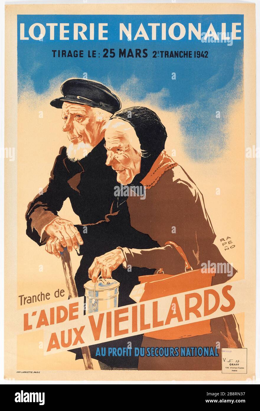 LOTTERIA NAZIONALE PESCA 25 MARZO SECONDA TRANCHE 1942 SLICE AIUTI A VECCHI A FAVORE DI EMERGENZA NAZIONALE RAPENO, ARMAND. «LOTERIE NATIONALE, TIRAGE LE 25 MARS 2E TRANCHE 1942, TRANCHE DE L'AIDE AUX VIEILLARDS AU PROFIT DU SECOURS NATIONAL». Lithographie couleur. En1942-1942. Parigi, musée Carnavalet. Foto Stock