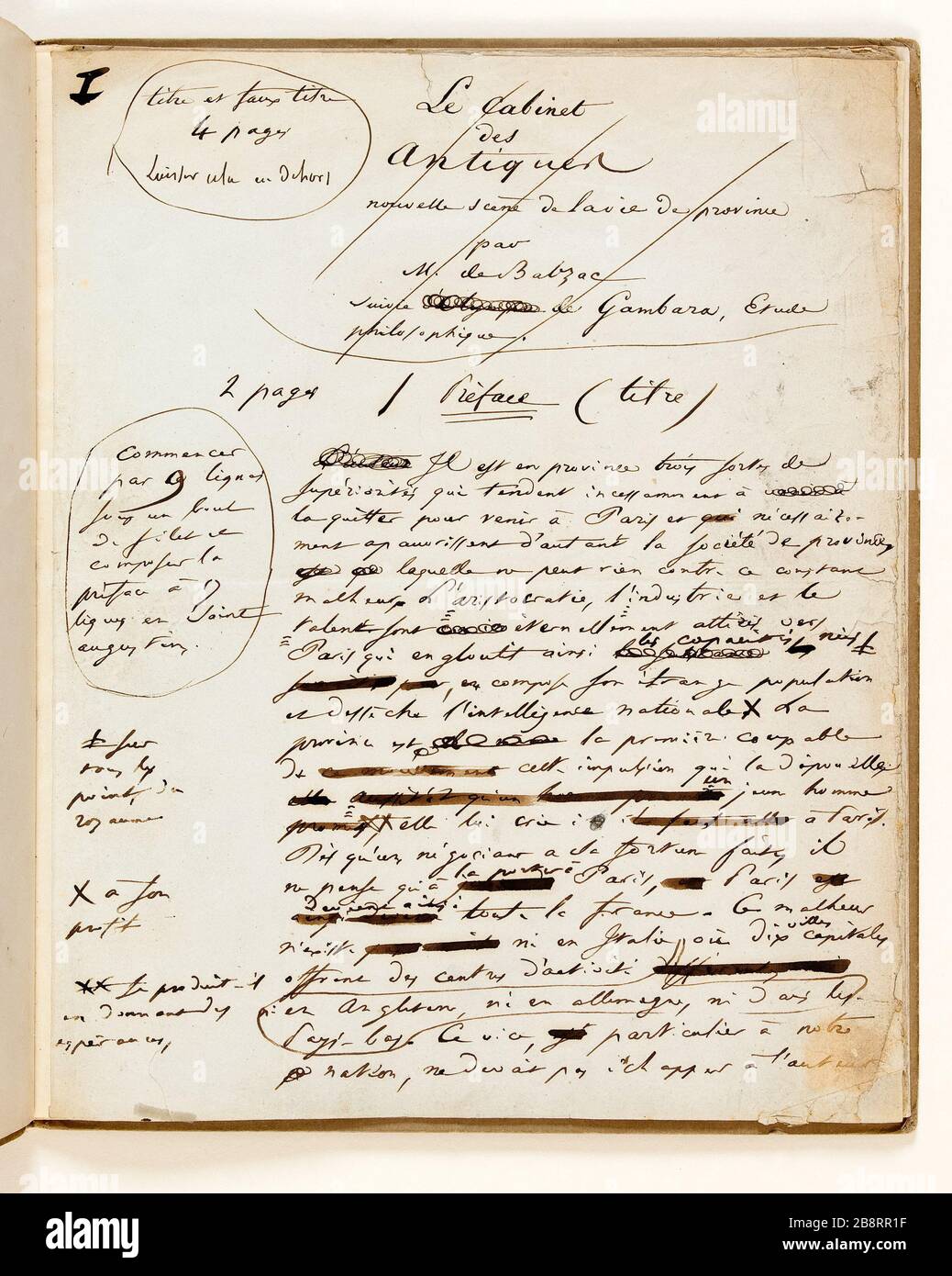 SCRIPT PER IL GABINETTO DELL'ANTICA prefazione Honoré de Balzac (1799-1850). Manuscrit pour la préface du 'Cabinet des Antiques'. Encre noire sur papier vélin filgrané 'Whatman', 1839. Parigi, Maison de Balzac. Foto Stock