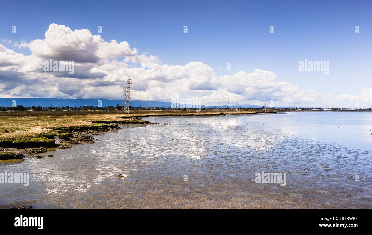 Giornata di sole sulla costa della Baia di San Francisco; nuvole di cumuli bianchi riflesse sulle acque paludose poco profonde; Palo Alto, California Foto Stock