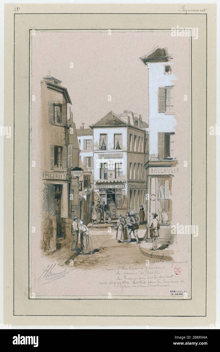 Rue Saint-Rustics, Norvins e Ravignan Jules Adolphe Chauvet (1828-1906). Les rues Saint-Rustiques, Norvins et Ravignan. Crayon, lavis et rehaut de gouache blanche sur papier teinté. Parigi, musée Carnavalet. Foto Stock
