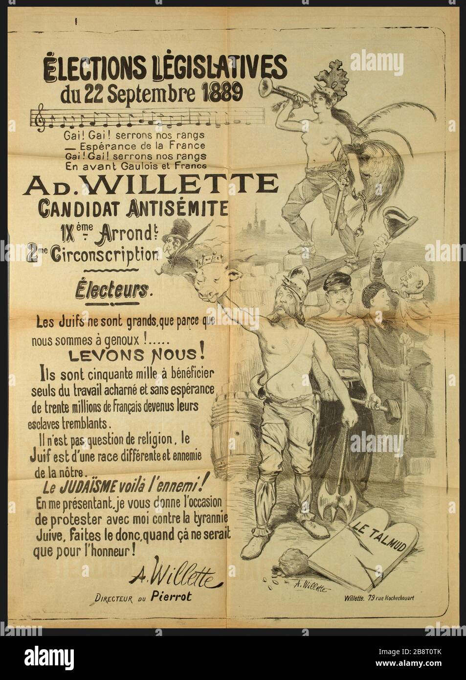 ELEZIONI, 22 settembre 1889 gay! Allegro! Agitare le nostre fila - speranza di Francia gay! Allegro! Shake our Ranks Forward Galli e Franchi, ad. WILLETTE CANDIDATO SEMITIC, IX. Arrondt. 2° distretto Willette, Adolphe Léon. 'ELEZIONI LEGISLATIVES, du 22 Settembre 1889, Gai! Gai! Seghons nos rangs - Espérance de la France, Gai! Gai! Seghons nos rangs, en avant Gaulois et Francs, ad. WILLETTE CANDIDAT ANTISEMITE, IXÈME. Arrondt. 2me Circoscrizione". Lithographie N. et B. en1889. Parigi, musée Carnavalet. Foto Stock