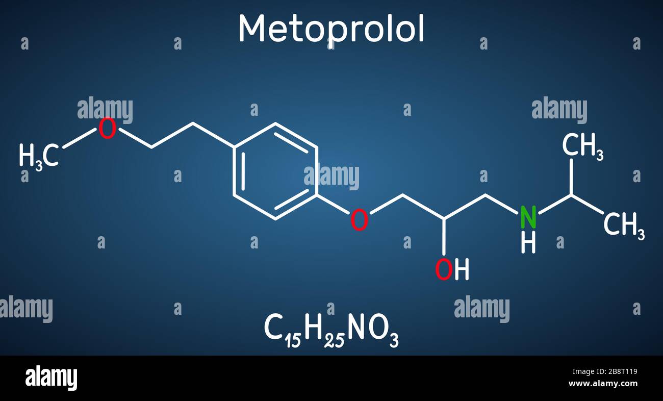 Metoprololo, molecola C15H25NO3. Viene usato nel trattamento dell'ipertensione e dell'angina pectoris. Formula chimica strutturale sul backgrou blu scuro Illustrazione Vettoriale