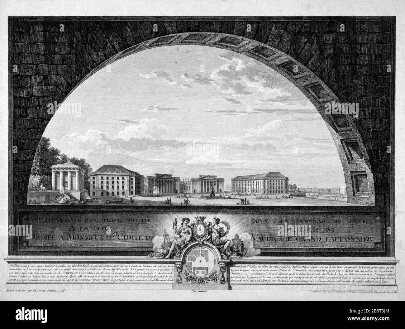 Vista prospettica di un punto proiettato di fronte al colonnato del Louvre, alla gloria di Luigi XVI Jean-Jacques le Veau. Vue Perspective d''une Place projetée devant la colonnade du Louvre, à la gloire de Louis XVI Parigi, musée Carnavalet. Foto Stock