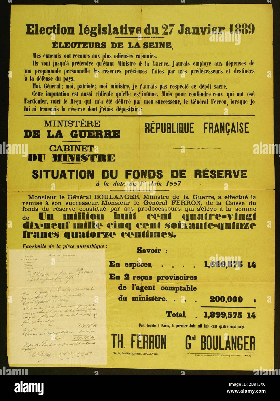 Elezione legislativa del 27 gennaio 1889, ELETTORI DELLA SENNA, i miei nemici usano i più odiosi calunnie. Imprimerie Belon. Election législative du 27 Janvier 1889, ELECTEURS DE LA SEINE, MES ennemis ont recours aux Plus odieuses calomnies. Typographie sur papier jaune. 1889. Parigi, musée Carnavalet. Foto Stock