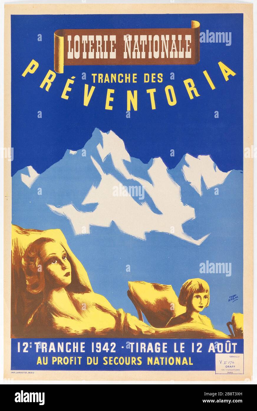 LOTTERIA NAZIONALE, TRANCHE DI PRECENTORIA 12 ° TIRAGGIO FETTA 1942. AGOSTO 12 IL BENEFICIO DI EMERGENZA NAZIONALE ADAM, ROGER. «LOTERIE NATIONALE, TRANCHE DES PREVENTORIA, 12E TRANCHE 1942. TIRAGE LE 12 AOUT AU PROFIT DU SECOURS NATIONAL'. Lithographie couleur. En1942-1942. Parigi, musée Carnavalet. Foto Stock