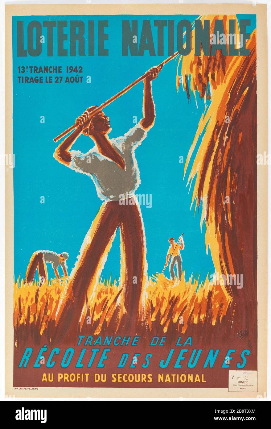 LOTTERIA NAZIONALE, 13E SLICE 1942 DRAFT AGOSTO 27, FETTA DEL RACCOLTO DI GIOVANI A BENEFICIO DELL'EMERGENZA NAZIONALE ADAM, ROGER. "LOTERIE NATIONALE, 13E TRANCHE 1942, TIRAGE LE 27 AOUT, TRANCHE DE LA RECOLTE DES JEUNES AU PROFIT DU SECOURS NATIONAL". Lithographie couleur. En1942-1942. Parigi, musée Carnavalet. Foto Stock