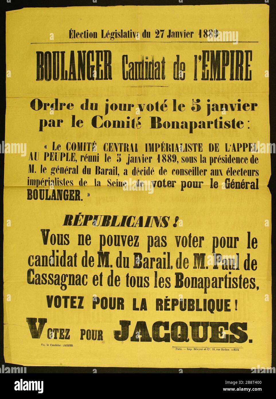 Elezione legislativa del 27 gennaio 1889, BAKER candidato di EMPIRE Imprimerie Mayer et Cie elezione Législative du 27 Janvier 1889, BOULANGER Candidat de l'EMPIRE. Typographie sur papier jaune. 1889. Parigi, musée Carnavalet. Foto Stock