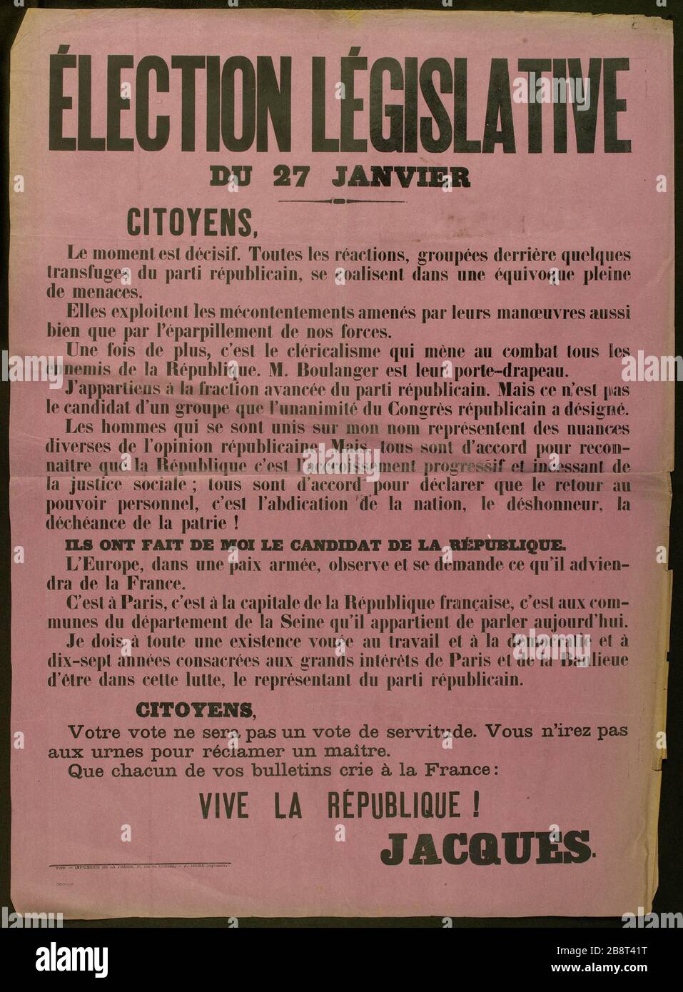 ELEZIONI LEGISLATIVE GENNAIO 27, CITTADINI, il momento è decisivo. Imprimerie de la Presse - A. Vigier. ELEZIONE LEGISLATIVA DU 27 JANVIER, CITOYENS, le moment est décisif. Typographie sur papier violetto. 1889. Parigi, musée Carnavalet. Foto Stock