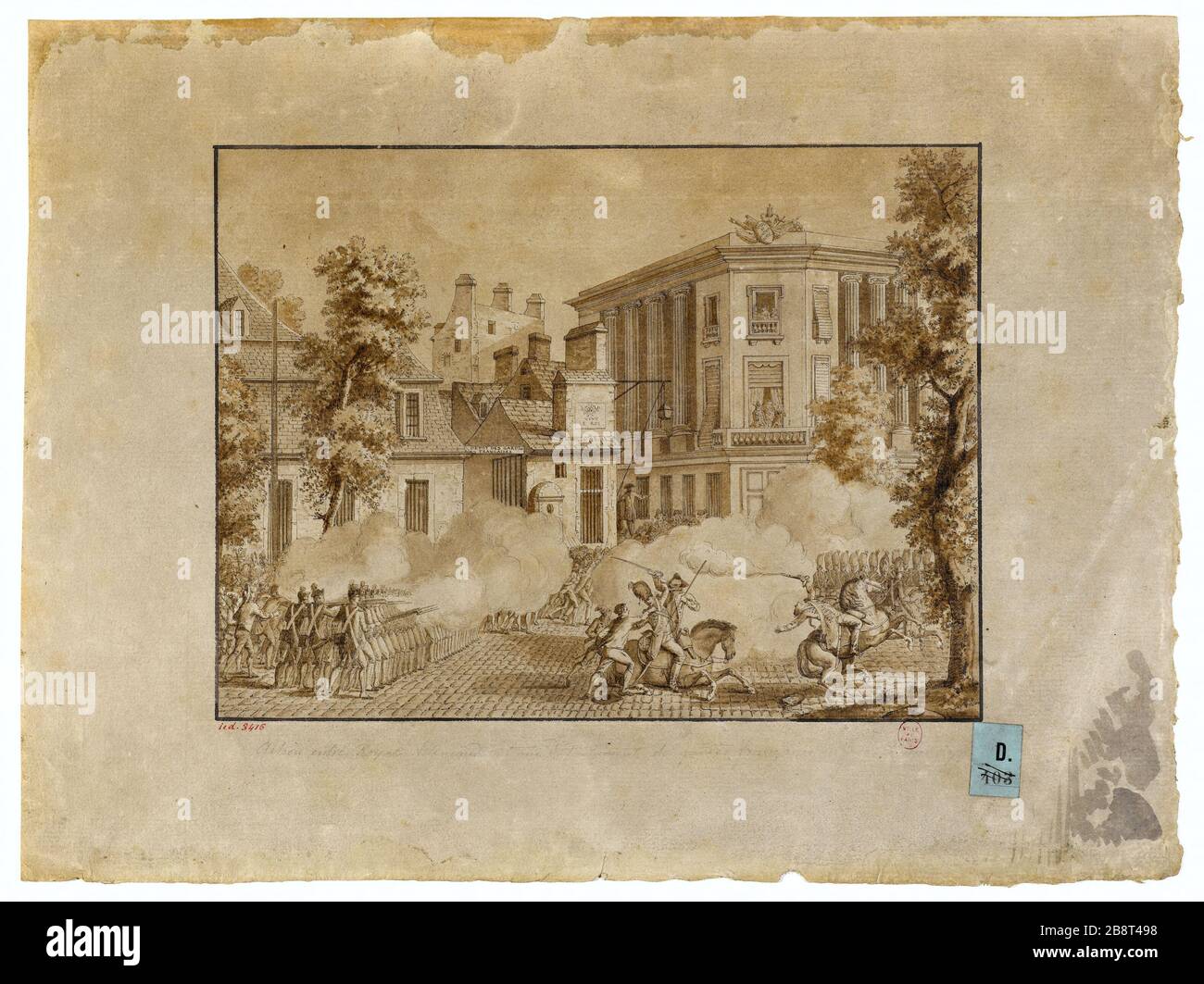 Azione tra il tedesco reale e un distaccamento francese di guardie di fronte al deposito, 12 luglio 1789 Jules-Adolphe Chauvet (né en 1828) (d'après Prieur). Action entre le Royal Allemand et un détachiement des gardes françaises en face du dépôt, 12 juillet 1789. Plume et lavis de bistre sur papier gris. Parigi, musée Carnavalet. Foto Stock