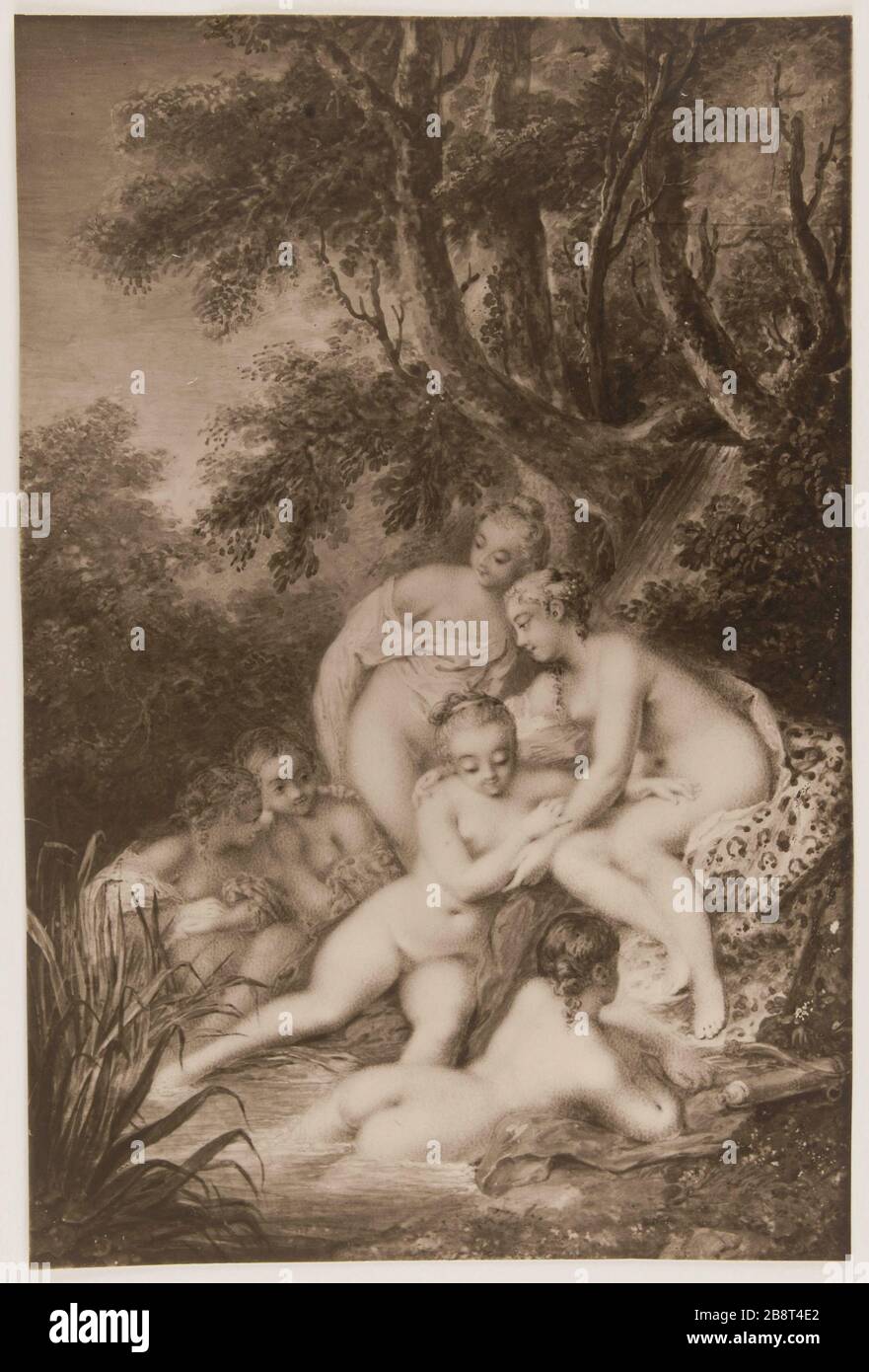 Riproduzione fotografica di Diana bagno circondato da cinque ninfe, attribuito a Jacques Charlier riproduzione fotografia de la Diane au bain entourée de cinq nymphes, attribuée à Jacques Charlier (né en 1939). Anonima fotographie. Tirrage au gélatino-bromure d'argent sur papier baryté. Vers 1930. Parigi, museo Cognacq-Jay. Foto Stock