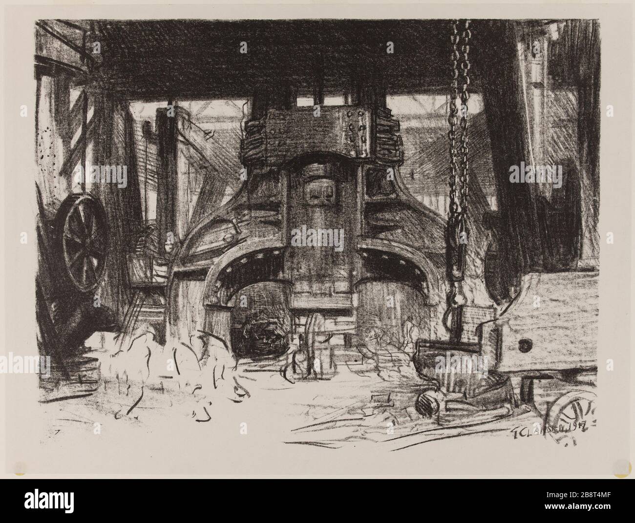 La Grande Guerra: Lo sforzo e l'ideale della Gran Bretagna rappresentati in una serie di litografie. Il martello Sir Georges Clausen (1852-1944). "La Grande Guerre : l'effort et l'idéal de la Grande-Bretagne représentés en une série de lithographies - le marteau-pilon". Lithographie, 1914-1917. Musée des Beaux-Arts de la Ville de Paris, Petit Palais. Foto Stock