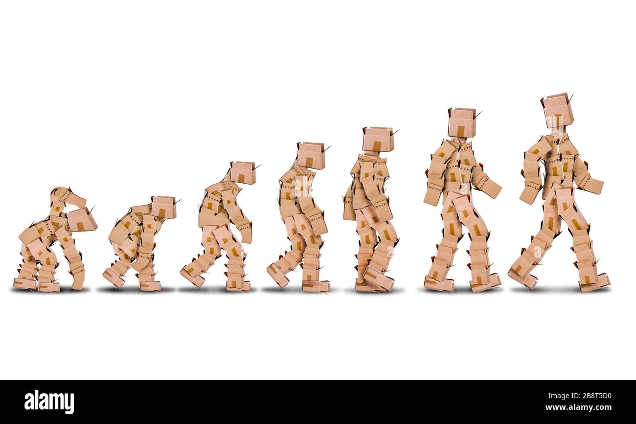 Evoluzione del packaging fatto da cartoni che si evolvono dalle prime scatole ai moderni contenitori del giorno. Progettazione grafica concettuale Foto Stock