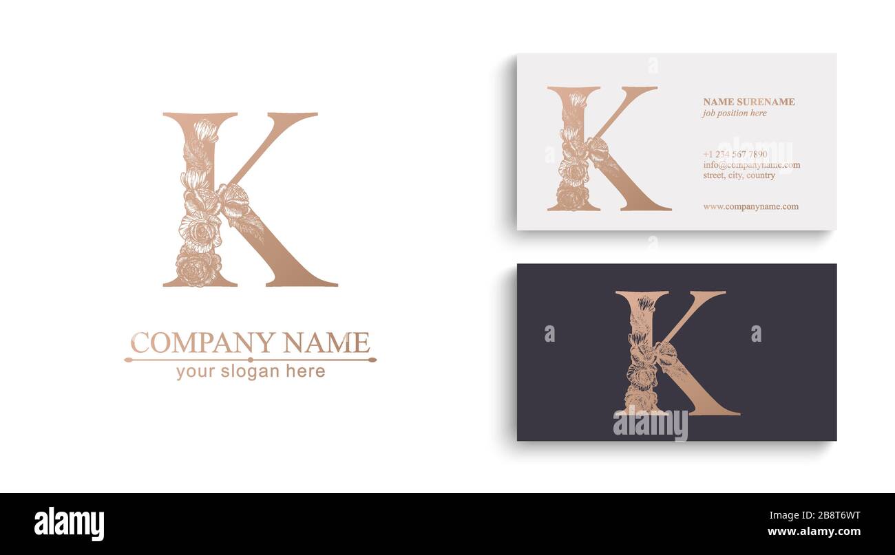 Logo lettera K o monogramma. Per la vostra azienda. Segno vettoriale. Stile floreale, belle rose. Logo personale. Illustrazione Vettoriale