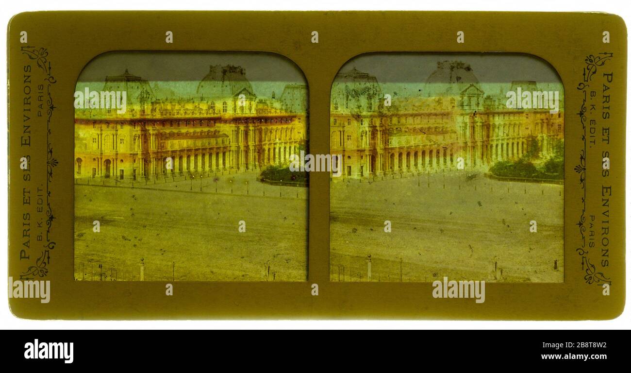 Place de l'Hôtel de Ville, 4° distretto, Parigi. Place de l'Hôtel de Ville 'Place de l'Hôtel-de-Ville, Parigi (IVème arr.)'. Blocco Photographie d'Adolphe (1829-1903). Vue stéréoscopique trasparente coloriée (effet nocturne), papier albuminé, Trous de lumière, 1850-1900. Parigi, musée Carnavalet. Foto Stock