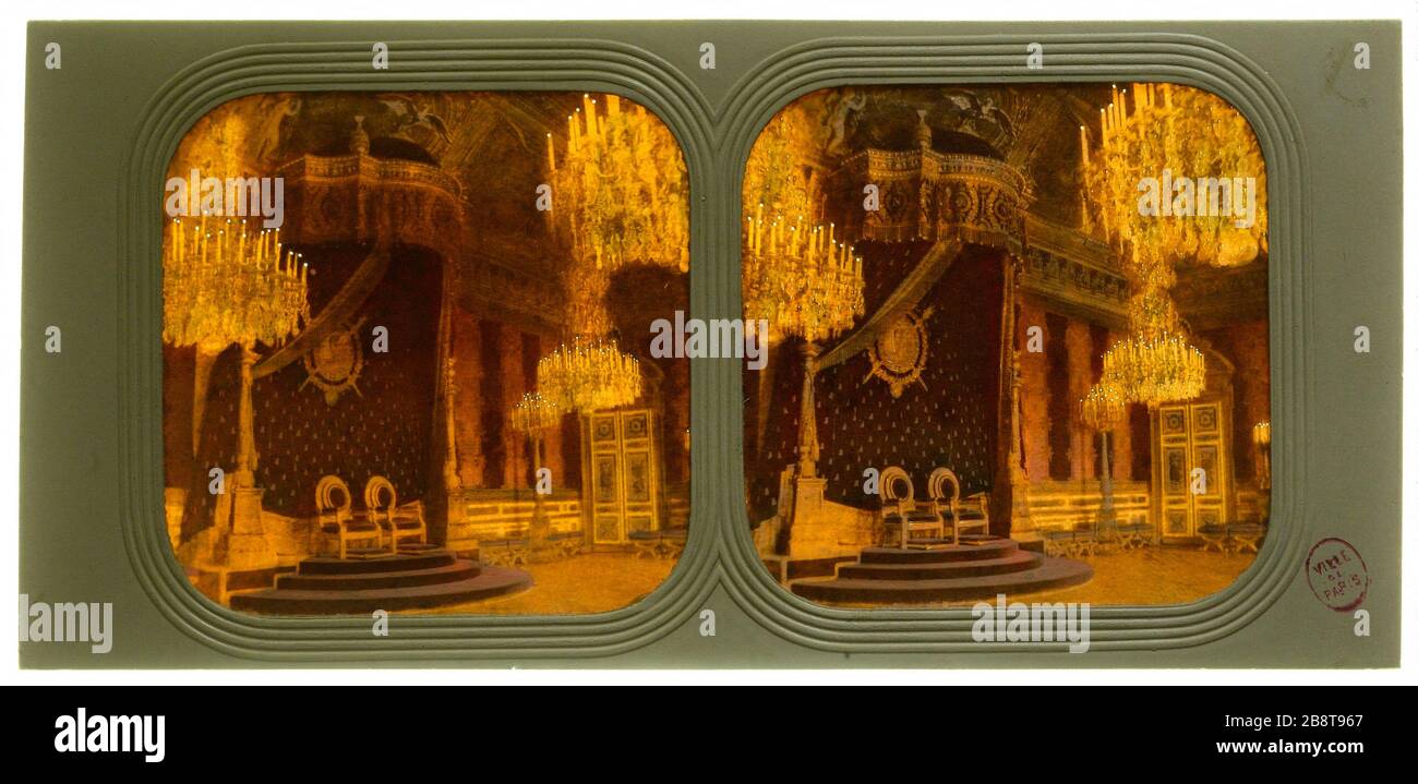 Sala del Trono, le Tuileries, 1 ° arrondissement, Parigi. Les Tuileries - la sala del trono Palais des Tuileries. 'Alle du Trône, Parigi (Ier arr.)'. Anonima fotographie. Vue stéréoscopique trasparente coloriée (effet nocturne), papier albuminé, Trous de lumière, 1850-1900. Parigi, musée Carnavalet. Foto Stock
