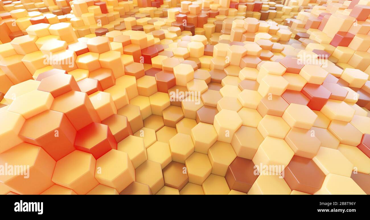 ambiente a blobbck esagonale in plastica arancione astratta 3d, illustrazione 3d Foto Stock