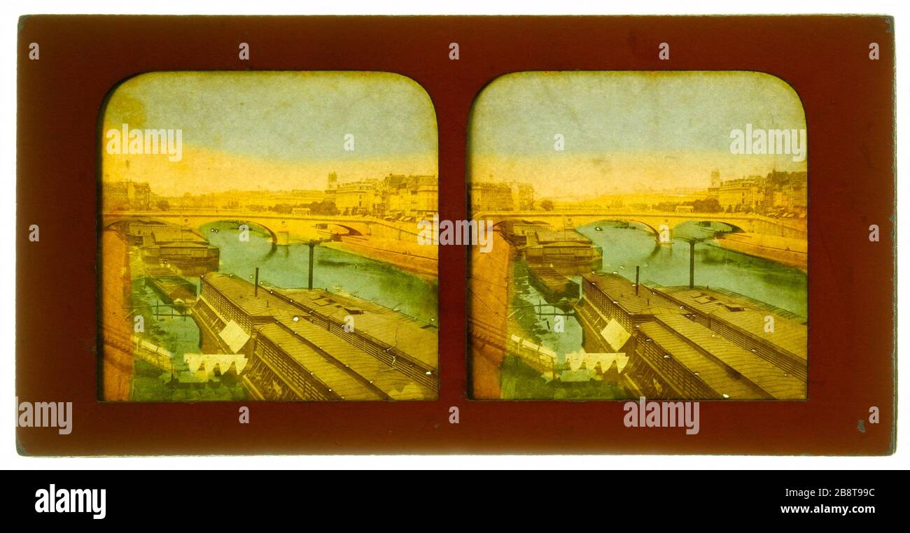 La Senna 'la Seine'. Anonima fotographie. Vue stéréoscopique trasparente coloriée (effet nocturne), papier albuminé, trus de lumière. Entre 1855 e 1865. Parigi, musée Carnavalet. Foto Stock