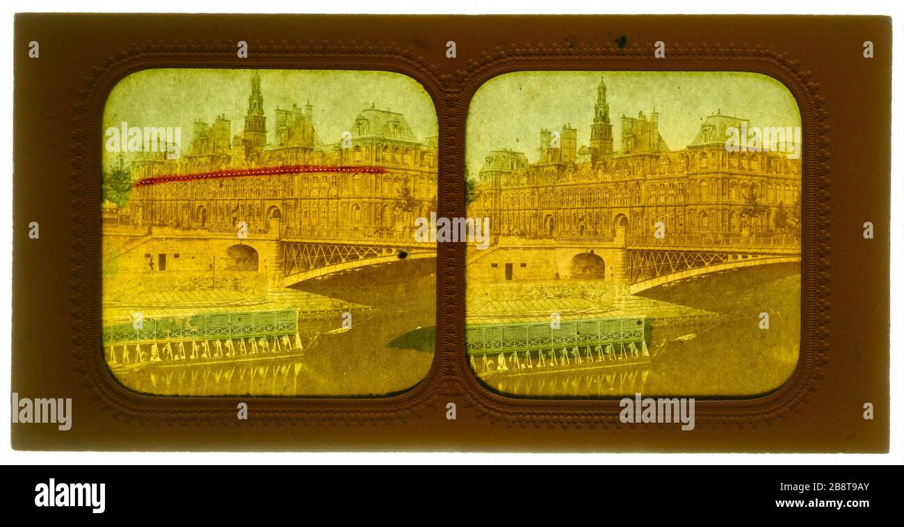 Hotel de Ville, 4° distretto, Parigi. Municipio 'Hôtel-de-Ville, Paris (IVème arr.)'. Anonima fotographie. Vue stéréoscopique trasparente coloriée (effet nocturne), papier albuminé, Trous de lumière, 1850-1900. Parigi, musée Carnavalet. Foto Stock