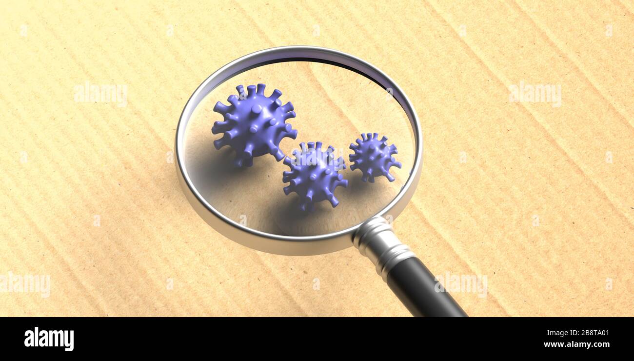 Monitoraggio del coronavirus COVID 19, rilevamento. Lente d'ingrandimento medica su ceppi di virus su sfondo cartaceo. Concetto di infezione da malattia di Covid19, illustrazione 3d Foto Stock