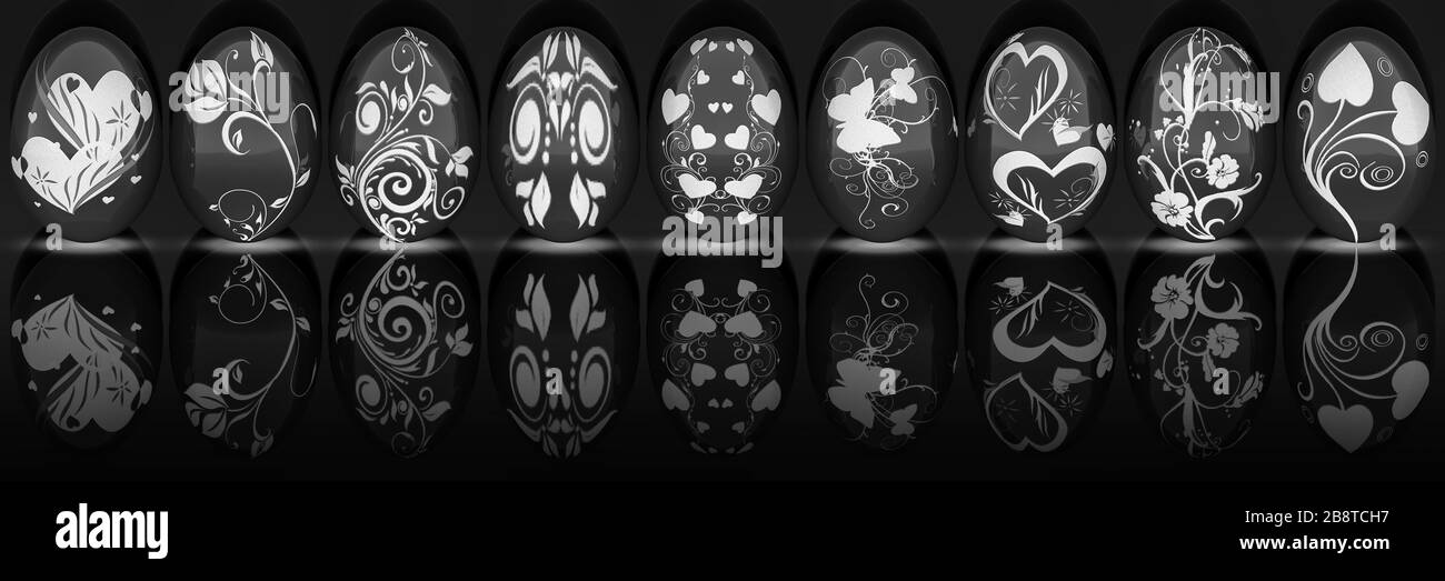 3D'illustrazione. Serie decorato uovo di Pasqua. Uova decorate in bianco e nero Foto Stock