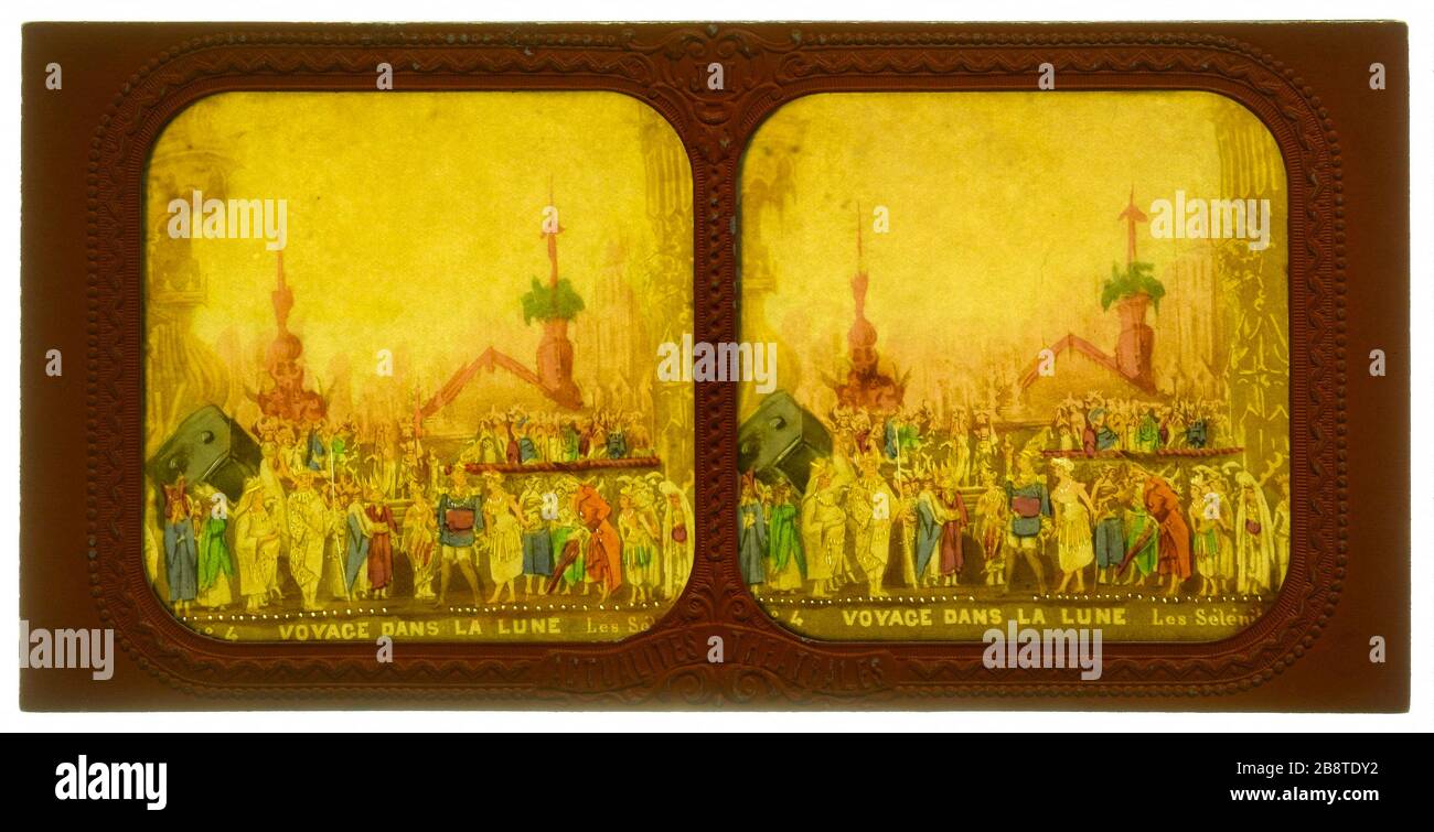 Gita alla Luna. No. 4 viaggio alla Luna Selenites 'viaggio dans la Lune'. "n°4. Les sélénites'. Photographie de Jules Alexandre Marinier. Vue stéréoscopique trasparente coloriée avec trous d'épingle sur papier albuminé. Avant 1876. Parigi, musée Carnavalet. Foto Stock