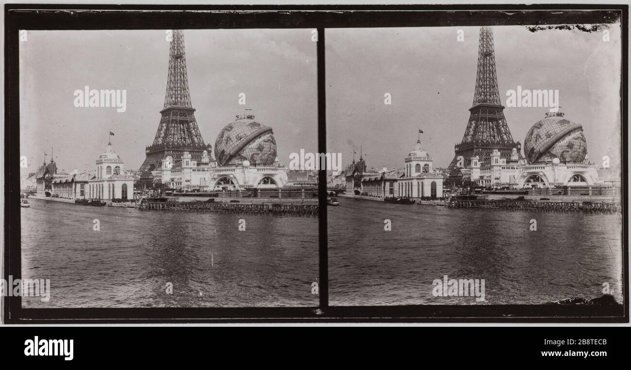 Esposizione universale del 1900: La Torre Eiffel e il Globe celeste, 7 ° distretto. Parigi. "Esposizione Universelle de 1900: La Tour Eiffel et le Globe Céleste, Parigi (VIIème arr.)". Photographie de Lucien Cresson. Vue stéréoscopique : Tira au gélatino-bromure d'argent. 1900. Parigi, musée Carnavalet. Foto Stock