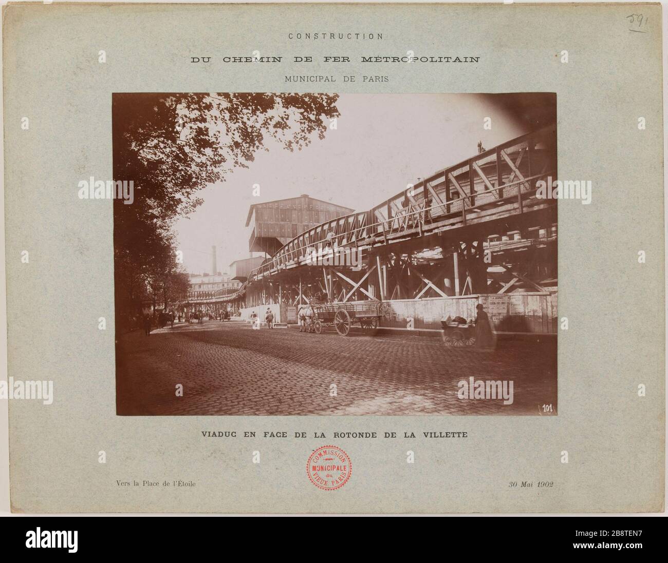 Costruzione / la ferrovia Metropolitan / Municipal / Parigi viadotto di fronte alla rotonda della Villette / verso la Place de l'Etoile / 30 maggio 1902. Costruzione del cavalcavia ferroviario della città metropolitana di Parigi di fronte alla rotonda la Villette 19 ° distretto Construction du chemin de fer métropolitain Municipal de Paris : viaduc en face de la rotonde de la Villette. Parigi (XIXème arr.). Anonima fotographie. Tirage au gélatino-chlorure d'argent, 30 maggio 1902. Parigi, musée Carnavalet. Foto Stock