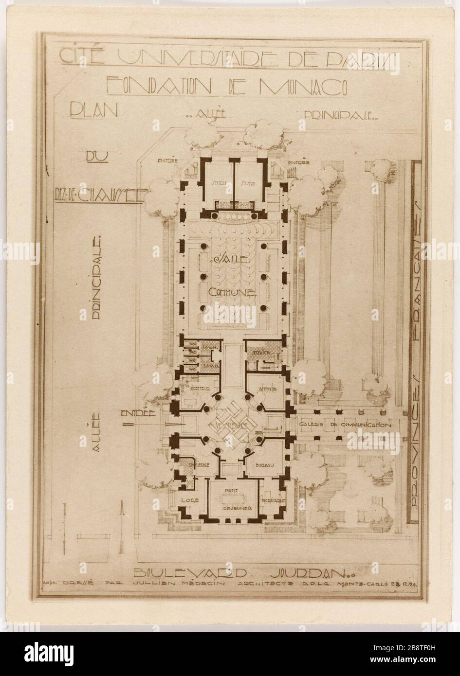 Città universitaria di Parigi / Fondazione Monaco / mappa / il / piano terra. Piano del piano terra della Fondazione Monaco, Cité Internationale Universitaire de Paris, 14 ° distretto Maison internationale dédiée aux résidents de la Cité internationale universitaire de Paris (XIVème arr.). Plan du rez-de-chaussée de la Fondation de Monaco. Anonima fotografie. Tigre au gélatino-bromure d'argent. Entre 1925 e 1937. Parigi, musée Carnavalet. Foto Stock