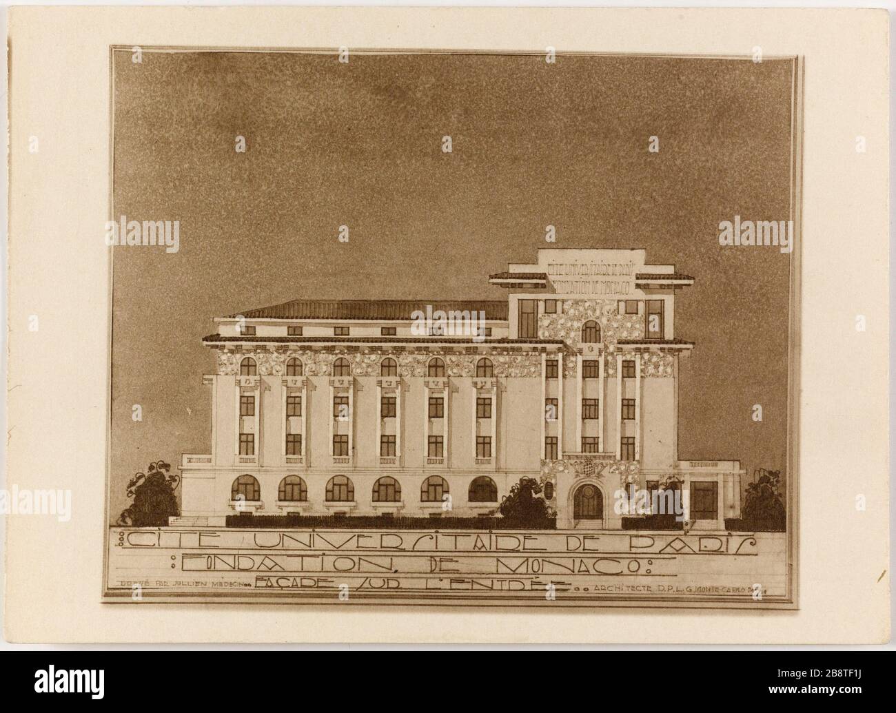 Città universitaria di Parigi / Fondazione Monaco / fronte dell'ingresso. Disegno sulla facciata dell'ingresso della Fondazione Monaco, Cité Internationale Universitaire de Paris, 14 ° distretto Maison internationale dédiée aux résidents de la Cité internationale universitaire de Paris (XIVème arr.). Dessin de la façade de l'entrée de la Fondation de Monaco. Tigre au gélatino-bromure d'argent. Entre 1925 e 1937. Parigi, musée Carnavalet. Foto Stock