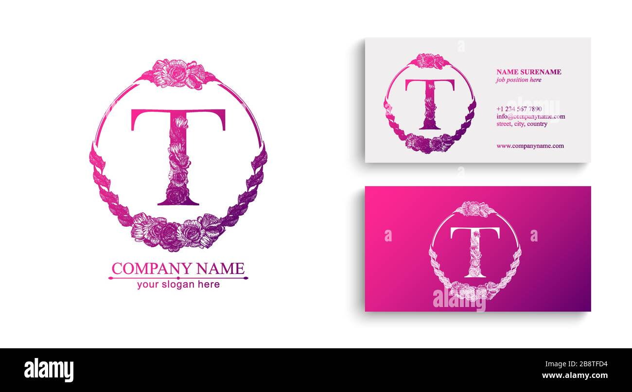 Logo o monogramma della lettera T. Per la vostra azienda. Segno vettoriale. Stile floreale, belle rose. Logo personale. Illustrazione Vettoriale