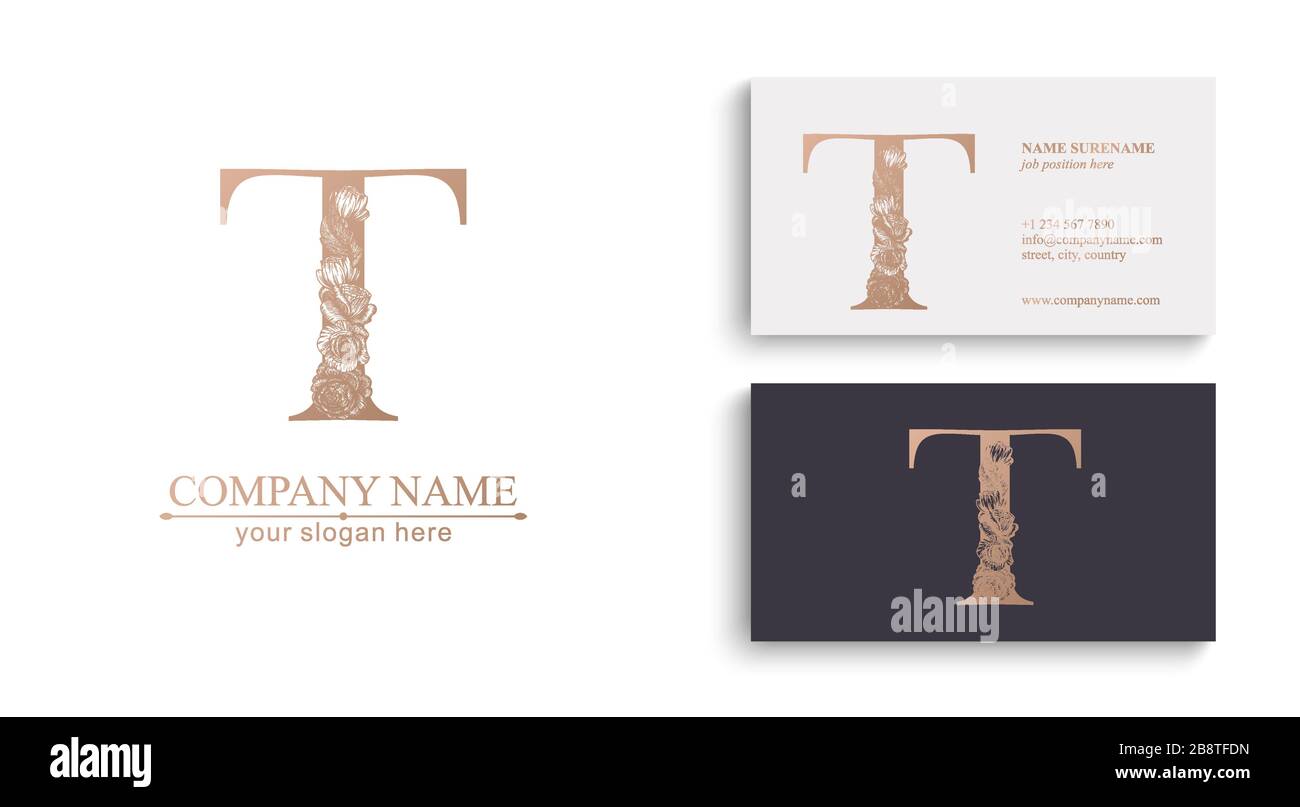 Logo o monogramma della lettera T. Per la vostra azienda. Segno vettoriale. Stile floreale, belle rose. Logo personale. Illustrazione Vettoriale