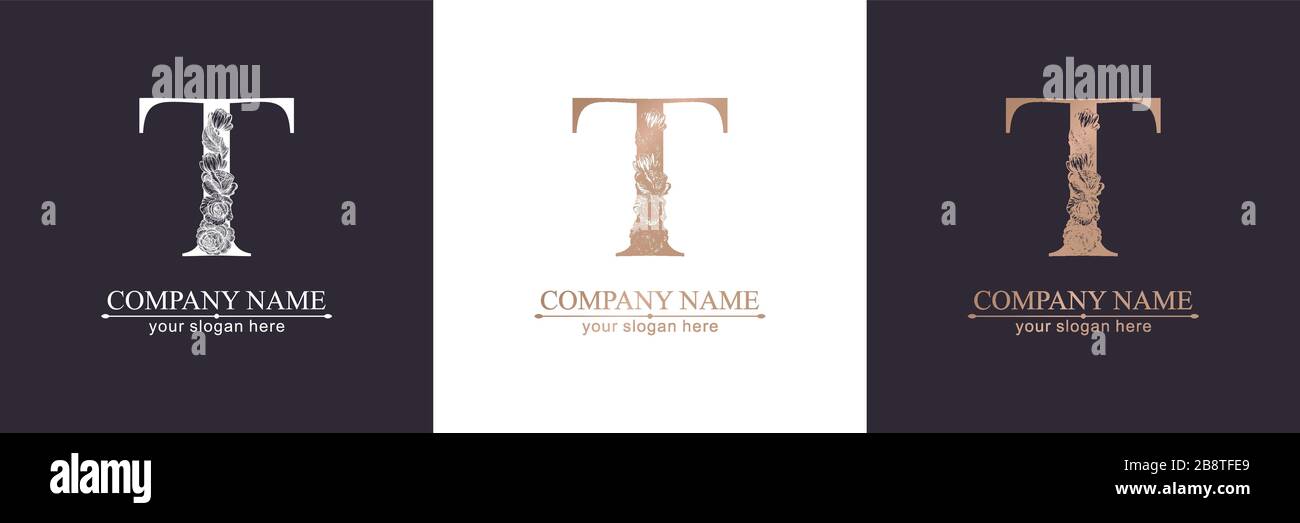 Logo o monogramma della lettera T. Per la vostra azienda. Segno vettoriale. Stile floreale, belle rose. Logo personale. Illustrazione Vettoriale
