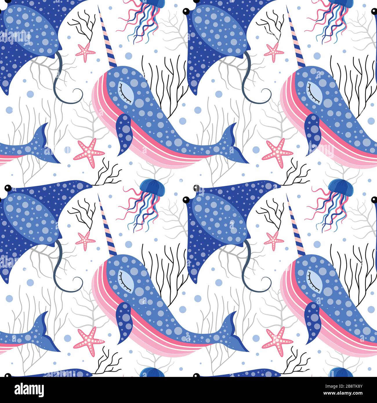 Simpatico modello marino con Narwhal e Stingray Illustrazione Vettoriale