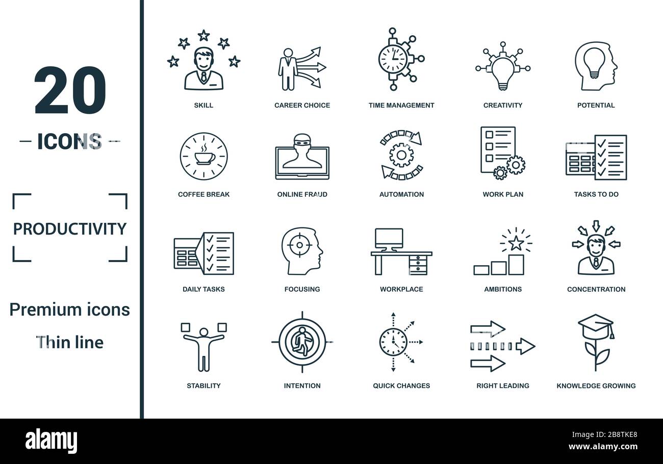 Produttività icon set. Includere elementi creativi specialità, la gestione del tempo, coffee break, piano di lavoro, le attività quotidiane delle icone. Può essere utilizzato per il report Foto Stock