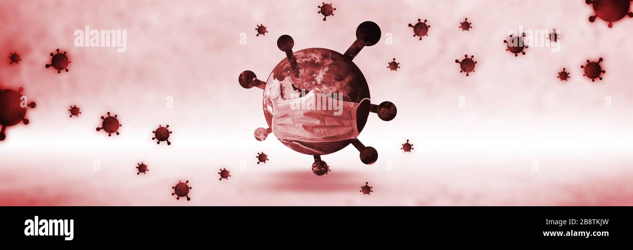 Maschera Panoramic World proteggere il virus Corona sullo sfondo con il concetto di percorso di clipping per la Terra avvertimento covid19 influenza pandemica quarantena, ampio ambiente Foto Stock
