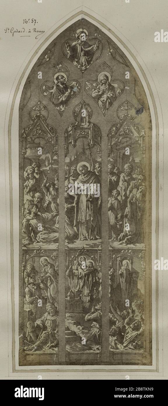 ALBUM N. 1. BOZZA PER VETRO COLORATO ST GODARD ROUEN: 2 CHE ARGOMENTI E SAINT CHARLES BORROMEO PESTE DI MILANO ATELIER GSELL-LAURENT. Album n° 1. Projet de vitrail pour Saint Godard à Rouen : 2 sujets dont Saint Charles Borromée et la pete de Milan. Parigi, musée Carnavalet. Foto Stock