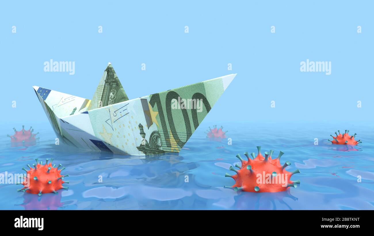 Cartoncino in mare . Il concetto di crisi economica. Una barca di carta di denaro circondata da pericolose mine simboleggianti i virus. 3 m. Foto Stock