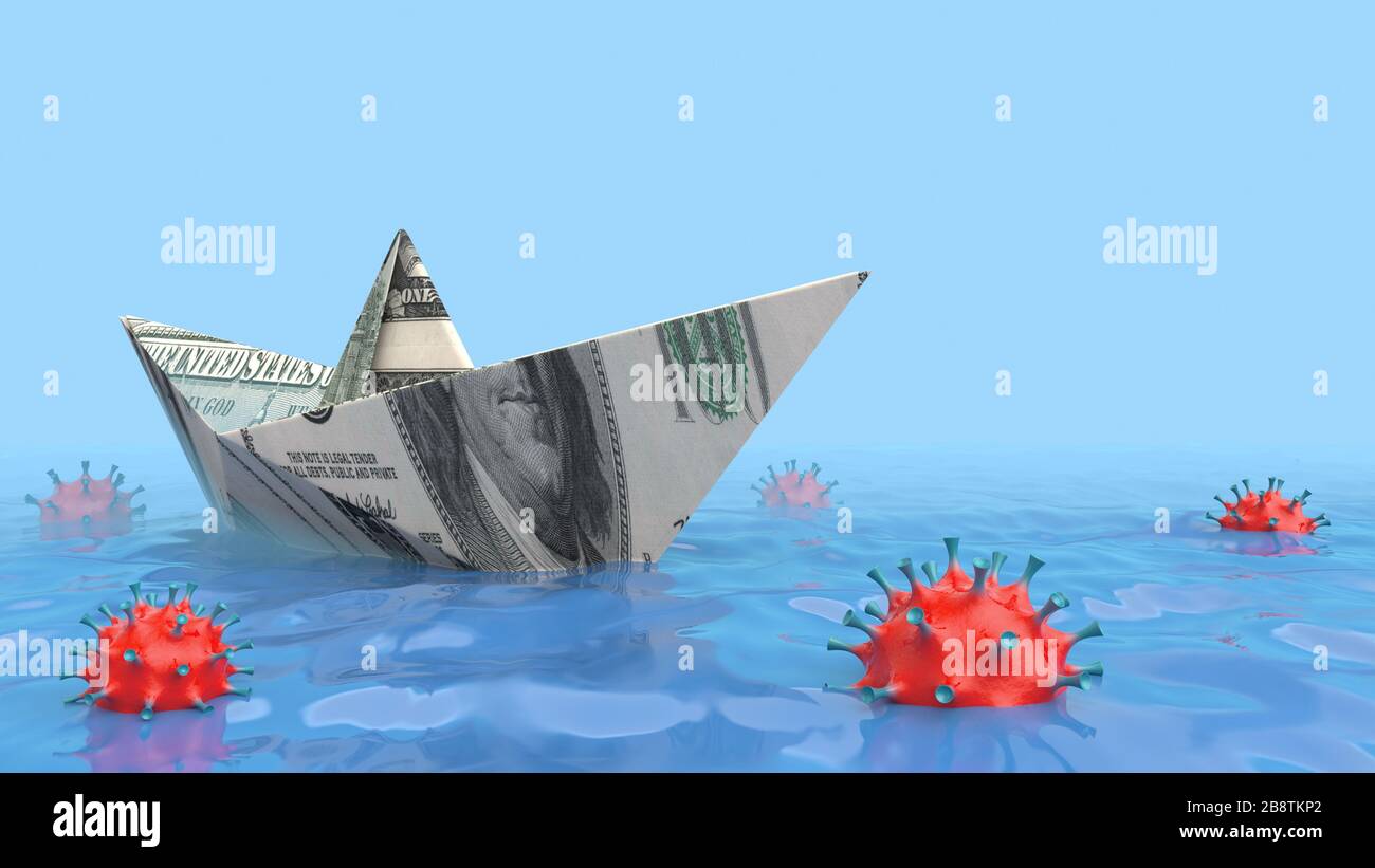 Cartoncino in mare . Il concetto di crisi economica. Una barca di carta di denaro circondata da pericolose mine simboleggianti i virus. 3 m. Foto Stock