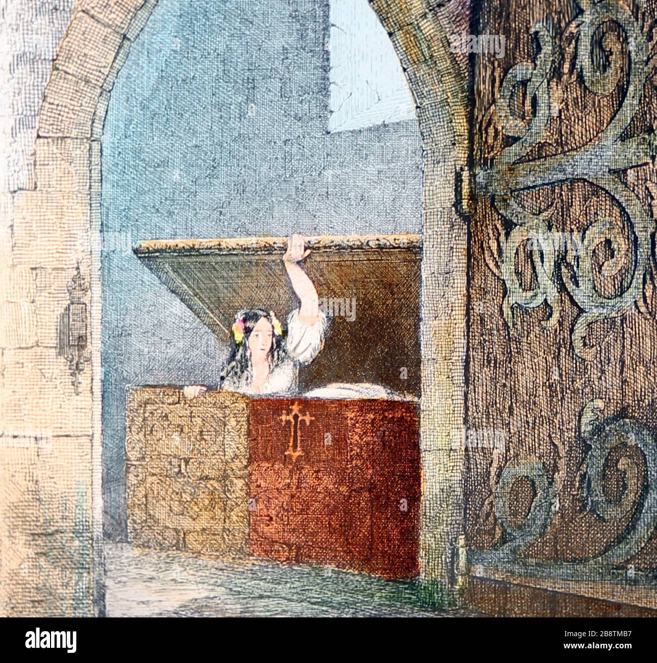 Un'illustrazione vittoriana dalla storia 'The Mistletoe Bough'. Questa è l'immagine numero 4 'si nasconde nella vecchia cassa di quercia'. Ci sono sette immagini in totale, tutte su Alamy. Foto Stock