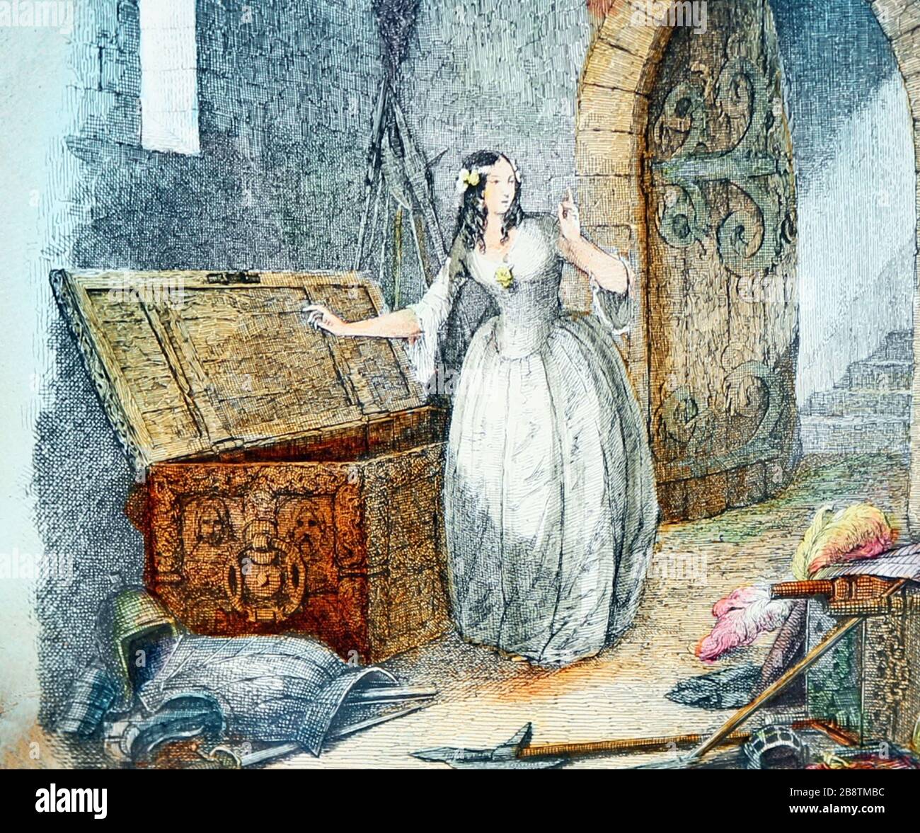Un'illustrazione vittoriana dalla storia 'The Mistletoe Bough'. Questa è l'immagine numero 3 'vede la vecchia cassa di quercia'. Ci sono sette immagini in totale, tutte su Alamy. Foto Stock