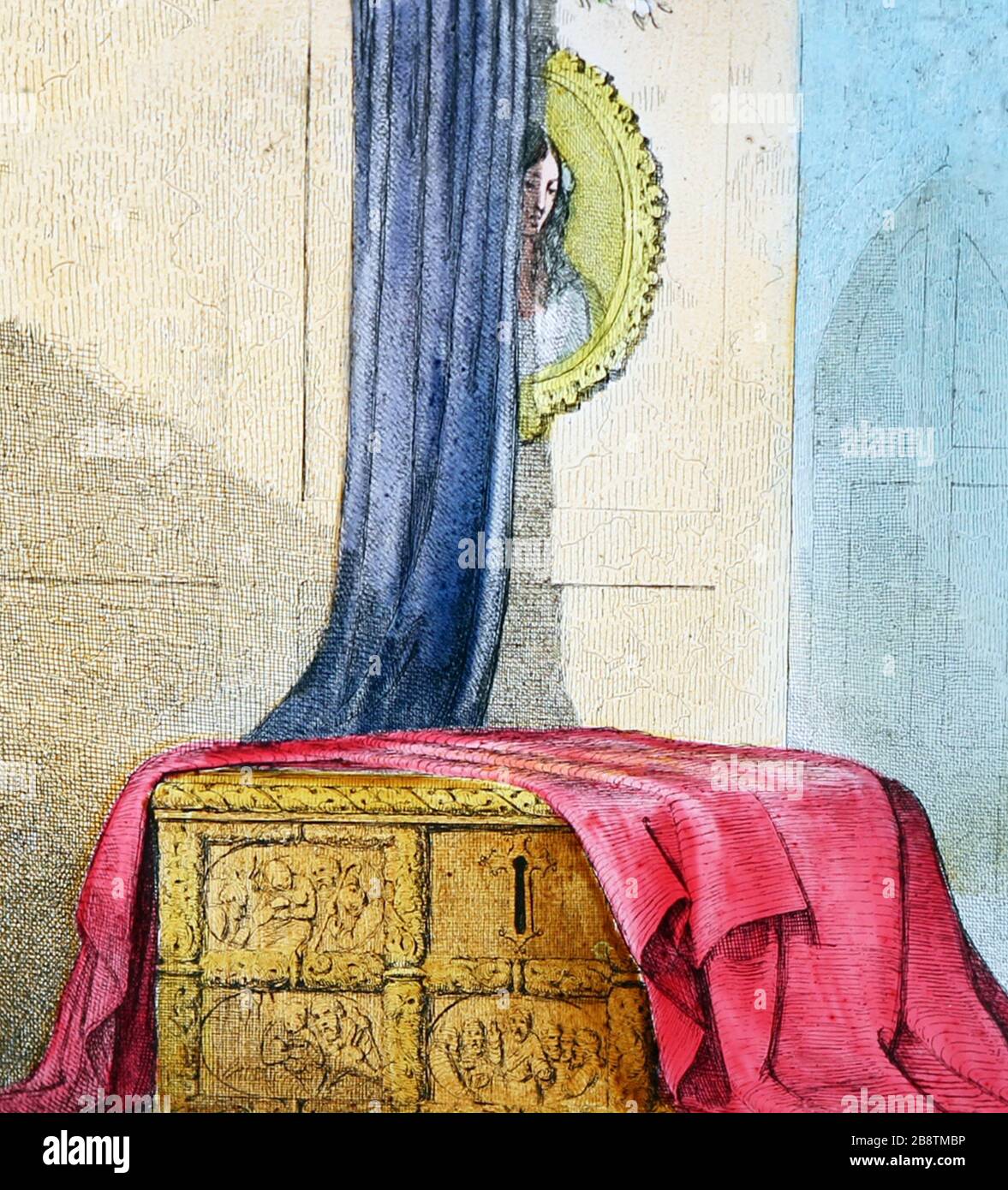 Un'illustrazione vittoriana dalla storia 'The Mistletoe Bough'. Questa è l'immagine numero 1 'la vecchia cassa di quercia'. Ci sono sette immagini in totale, tutte su Alamy. Foto Stock