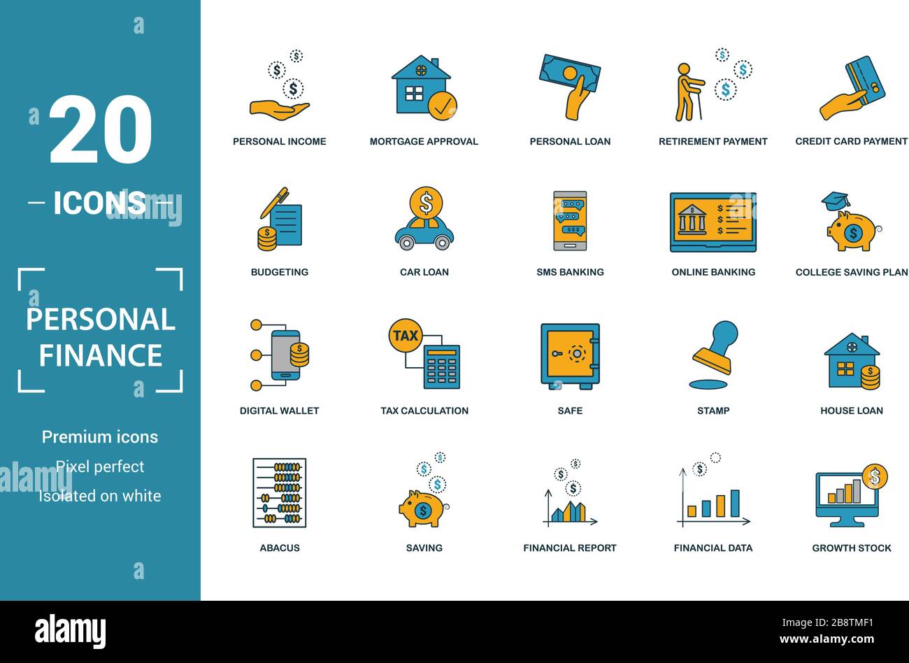 Personal Finance icon set. Includere elementi creativi reddito personale prestito personale, budget online banking, digital wallet icone. Può essere utilizzata per Illustrazione Vettoriale