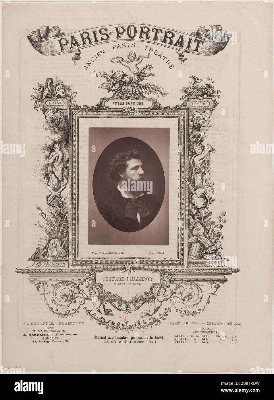 Ritratto di Edward Pailleron, drammaturgo (1834-1899) ad uno dei giornali 'Paris-Portrait', dal 23 al 29 gennaio 1879. 'Portrait d'Edouard Pailleron (1834-1899), auteur drammatique à la une du journal 'Paris-Portrait'. Photographie d'Etienne Carjat (1828-1906). Photoglypte. 23 au 29 janvier 1879. Parigi, musée Carnavalet. Foto Stock