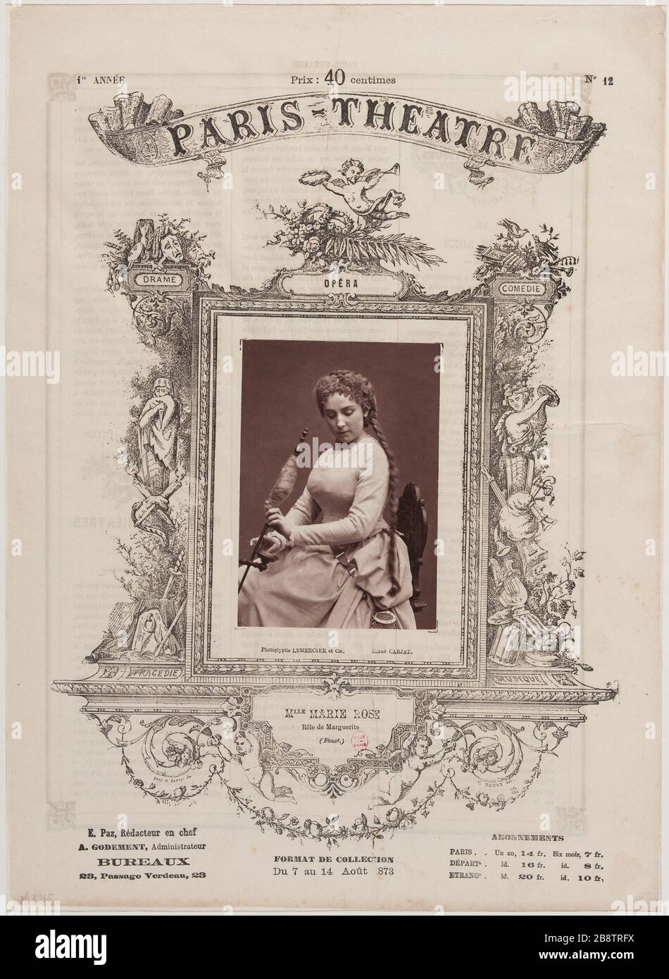 Ritratto di Miss Rose Marie, attrice, in un giornale 'Paris Theatre', dal 7 al 14 agosto 1873. Portrait de Mlle Marie Rose, comédienne, à la une du journal 'Paris Théâtre'. Photographie d'Etienne Carjat (1828-1906). Photoglypte. 7 au 14 août 1873. Parigi, musée Carnavalet. Foto Stock