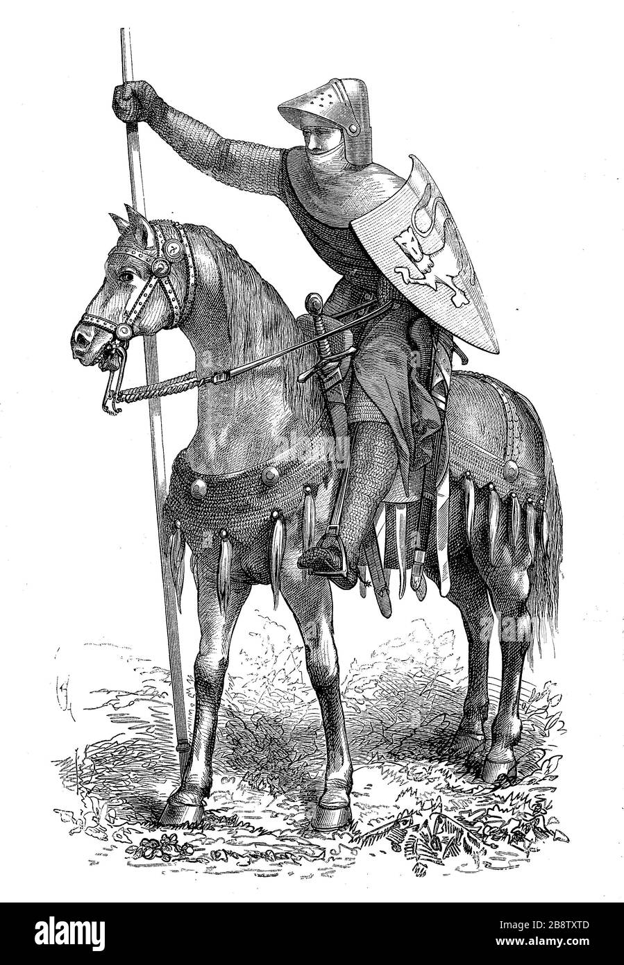 Cavaliere francese, cavaliere della seconda metà del XIII secolo, Francia / Französischer Ritter, Reiter aus der zweiten Hälfte des 13. Jahrhunderts, Frankreich, Historisch, riproduzione digitale migliorata di un originale del 19 ° secolo / digitale Reproduktion einer Originalvorlage aus dem 19. Jahrhundert, Foto Stock